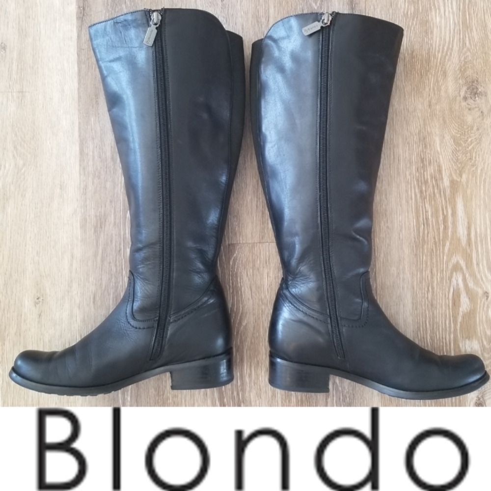 Blondo Black Tall Leather Riding Boot Side Zip Round Toe Block Heel Waterproof